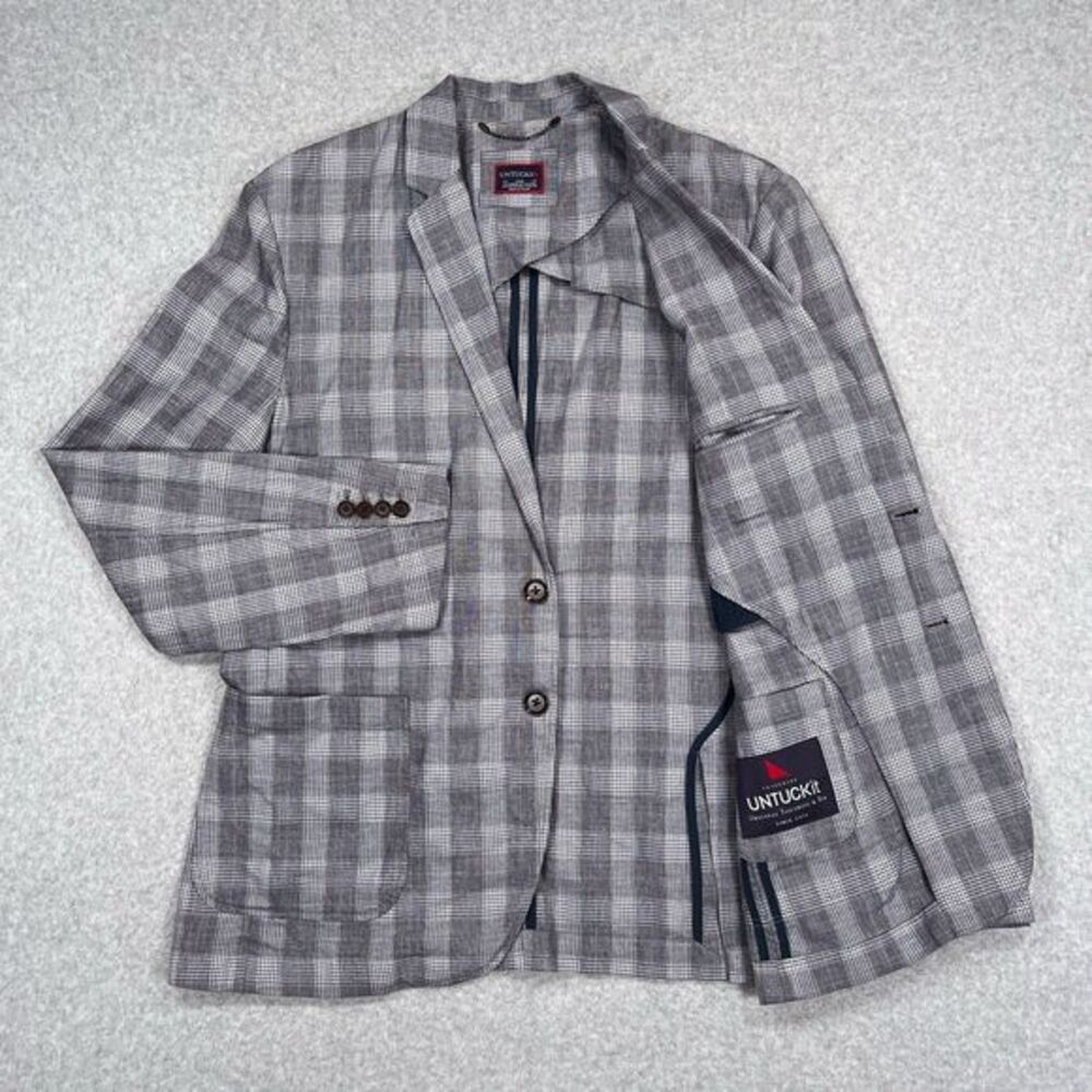 UNTUCKit Blazer 40R Gray Glen Plaid‎ Linen Unstructured Sport Coat Surgeon Cuffs